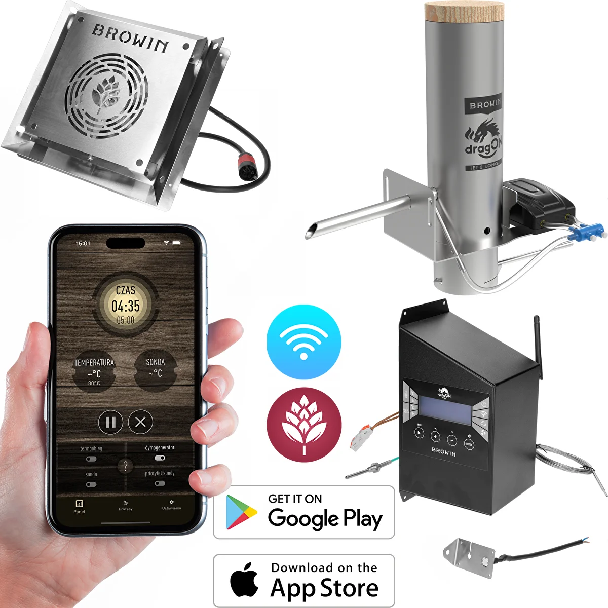 Kit dragON pour fumoir – modules IQ avec Wi‑Fi et générateur de fumée JET 2 LONG avec bac à cendres