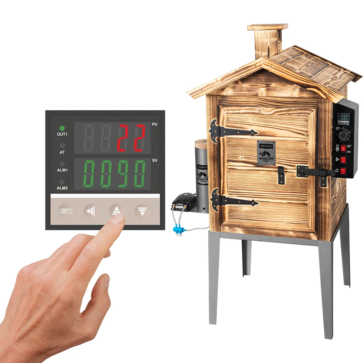 Fumoir 115 L dragON Wood 60E - en bois à foyer bois, avec module chauffant électrique et contrôleur