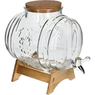 Baril 5 L en verre, avec large ouverture, bouchon, support et robinet