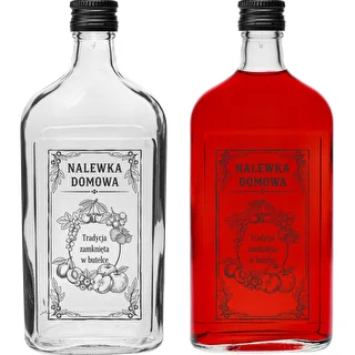 Bouteille type flasque 500 ml avec capsule à vis, inscription « Liqueur maison », 1 pièce.